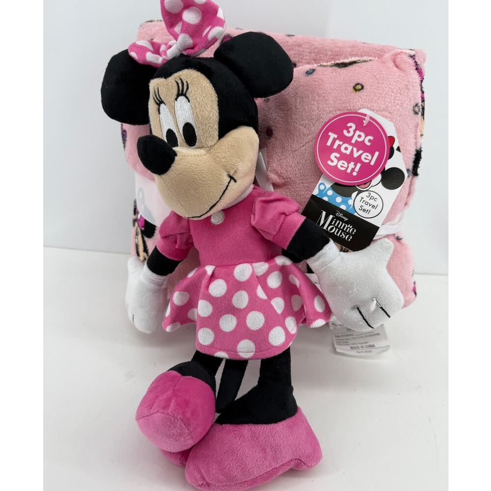 Disney Minnie Mouse 3pc Travel Set Plush Blanket Pillow Stuffed Doll Pink GIFT